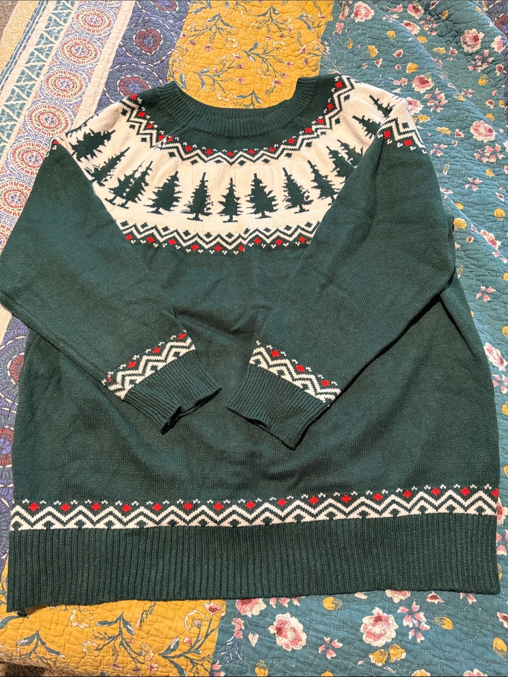 BloomChic Dark Green Fair Isle Crew Sweater with Tree Motif